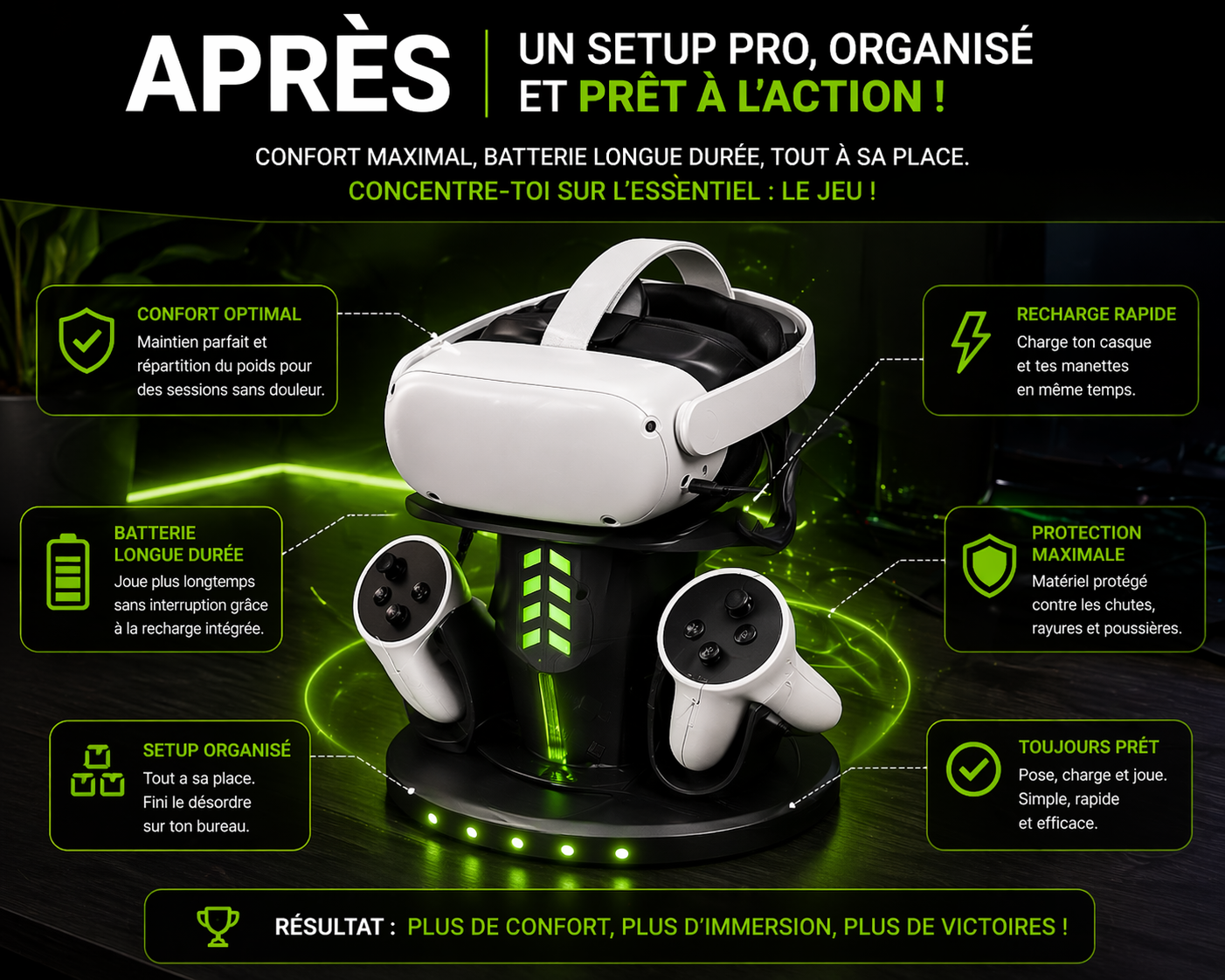 Station de Charge VR Meta Quest 2 / 3 – Support Vertical + Rangement Manettes